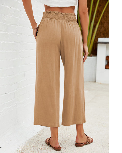 GRAPENT Capri Pants for Women High Waisted Wide Leg Linen Palazzo Trousers Pull On Elastic Smock Waist Loose Flowy Pants
