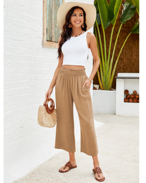GRAPENT Capri Pants for Women High Waisted Wide Leg Linen Palazzo Trousers Pull On Elastic Smock Waist Loose Flowy Pants