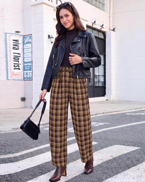 GRAPENT Barrel Pants Women Trendy Plaid High Waisted Pull On Ankle Trousers | Tapered Wide Leg Style, Elastic Waist with Adjustable Drawstring, Front Pockets, Work Office, Casual Fall Street Outfits