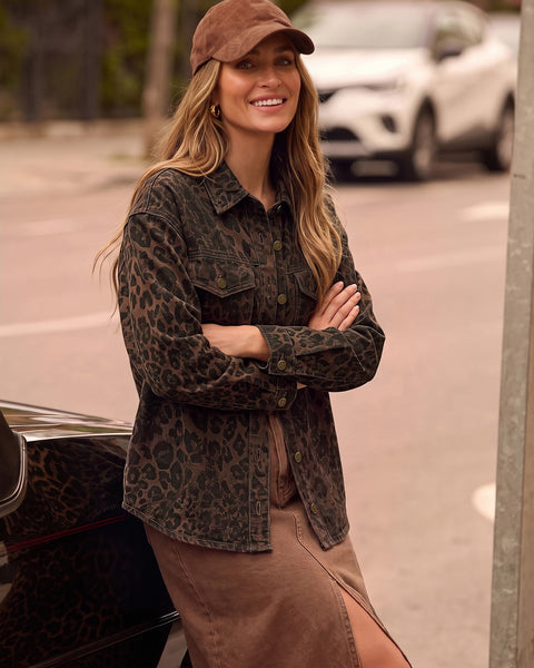 GRAPENT Women's Leopard Jean Jacket Oversized Cheetah Print Denim Shacket Non‑stretch, Leopard Print, Longline Silhouette, Button Down Denim Jackets, Flap Chest Pockets, Casual Outings, Fall Outfits