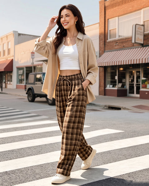GRAPENT Barrel Pants Women Trendy Plaid High Waisted Pull On Ankle Trousers | Tapered Wide Leg Style, Elastic Waist with Adjustable Drawstring, Front Pockets, Work Office, Casual Fall Street Outfits
