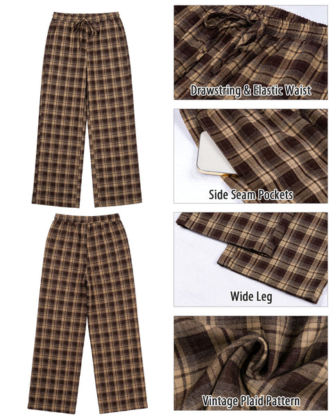 GRAPENT Plaid Pants for Women Wide Leg Elastic Waist Baggy Pull On Trousers | Tartan Pattern, High Waisted with Adjustable Drawstring, Casual Pants with Pockets, Relaxed Fit, For Daily Wear, Fall Outfits