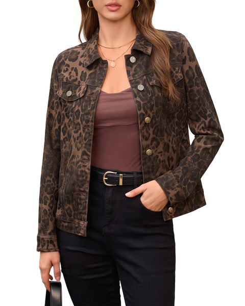 GRAPENT Leopard Cheetah Print Jean Jacket Women Casual Denim Trucker Jacket Stretchy Denim Jacket, Animal Print, Button Down, Long Sleeve, Side Pockets, Western Outfit, Fall Outfits for Women
