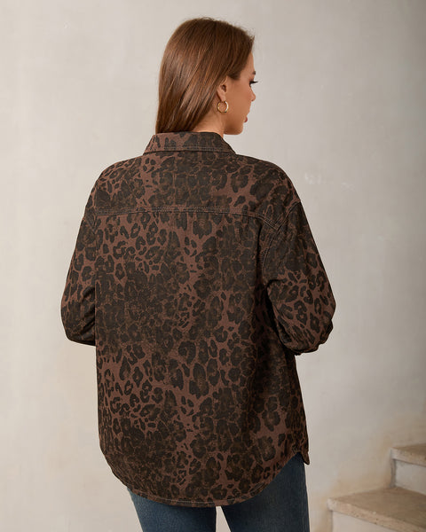GRAPENT Women's Leopard Jean Jacket Oversized Cheetah Print Denim Shacket Non‑stretch, Leopard Print, Longline Silhouette, Button Down Denim Jackets, Flap Chest Pockets, Casual Outings, Fall Outfits