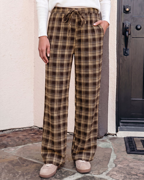 GRAPENT Plaid Pants for Women Wide Leg Elastic Waist Baggy Pull On Trousers | Tartan Pattern, High Waisted with Adjustable Drawstring, Casual Pants with Pockets, Relaxed Fit, For Daily Wear, Fall Outfits