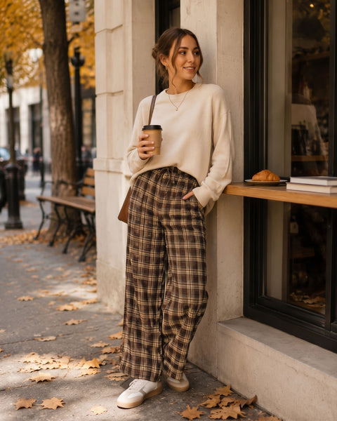 GRAPENT Plaid Pants for Women Wide Leg Elastic Waist Baggy Pull On Trousers | Tartan Pattern, High Waisted with Adjustable Drawstring, Casual Pants with Pockets, Relaxed Fit, For Daily Wear, Fall Outfits