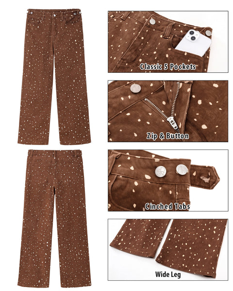 GRAPENT Straight Leg Jeans for Women Deer Print High Waisted Denim Pants Adjustable Cinched Waist, Stretchy, Allover Speckled Print, Full Length, 29.5" Inseam, Country Concert, Casual Daily Wear