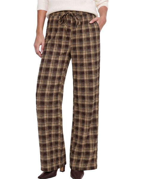 GRAPENT Plaid Pants for Women Wide Leg Elastic Waist Baggy Pull On Trousers | Tartan Pattern, High Waisted with Adjustable Drawstring, Casual Pants with Pockets, Relaxed Fit, For Daily Wear, Fall Outfits