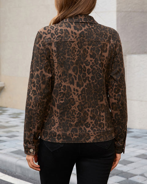 GRAPENT Leopard Cheetah Print Jean Jacket Women Casual Denim Trucker Jacket Stretchy Denim Jacket, Animal Print, Button Down, Long Sleeve, Side Pockets, Western Outfit, Fall Outfits for Women