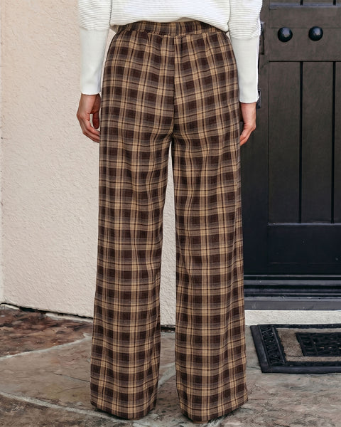 GRAPENT Plaid Pants for Women Wide Leg Elastic Waist Baggy Pull On Trousers | Tartan Pattern, High Waisted with Adjustable Drawstring, Casual Pants with Pockets, Relaxed Fit, For Daily Wear, Fall Outfits