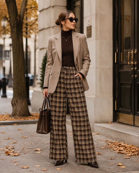 GRAPENT Plaid Pants for Women Wide Leg Elastic Waist Baggy Pull On Trousers | Tartan Pattern, High Waisted with Adjustable Drawstring, Casual Pants with Pockets, Relaxed Fit, For Daily Wear, Fall Outfits
