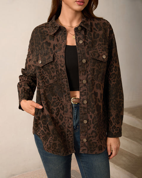 GRAPENT Women's Leopard Jean Jacket Oversized Cheetah Print Denim Shacket Non‑stretch, Leopard Print, Longline Silhouette, Button Down Denim Jackets, Flap Chest Pockets, Casual Outings, Fall Outfits