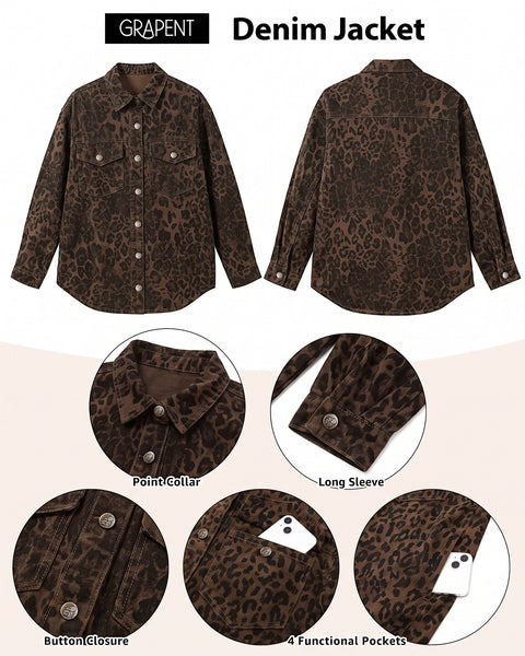 GRAPENT Women's Leopard Jean Jacket Oversized Cheetah Print Denim Shacket Non‑stretch, Leopard Print, Longline Silhouette, Button Down Denim Jackets, Flap Chest Pockets, Casual Outings, Fall Outfits