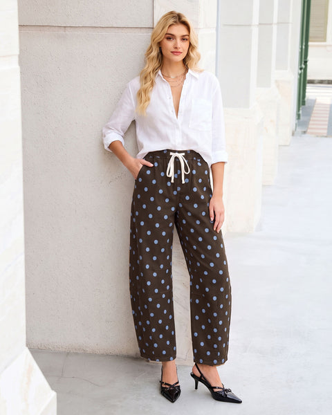 GRAPENT Barrel Womens Jeans High Rise Polka Dot Pull On Stretch Denim Pants | Cropped Jeans for Women, Elastic Waist with Drawstring, High Waisted, 27 Inch Inseam, Dressy Casual Outfit, Casual Daily Wear