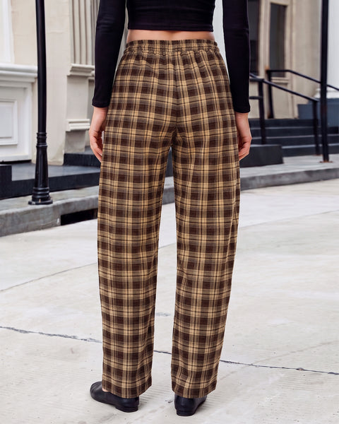 GRAPENT Barrel Pants Women Trendy Plaid High Waisted Pull On Ankle Trousers | Tapered Wide Leg Style, Elastic Waist with Adjustable Drawstring, Front Pockets, Work Office, Casual Fall Street Outfits