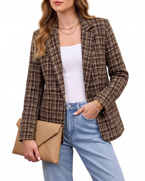 GRAPENT Tweed Blazers for Women Plaid Jacket Long Sleeve Work Casual Blazer | Notched Lapel, Fully Lined, Shoulder Pads, Single Button, 2 Pockets, Interview, Office outfits, Business Casual Blazers