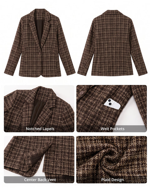 GRAPENT Tweed Blazers for Women Plaid Jacket Long Sleeve Work Casual Blazer | Notched Lapel, Fully Lined, Shoulder Pads, Single Button, 2 Pockets, Interview, Office outfits, Business Casual Blazers