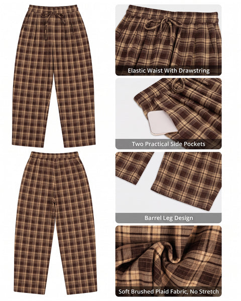 GRAPENT Barrel Pants Women Trendy Plaid High Waisted Pull On Ankle Trousers | Tapered Wide Leg Style, Elastic Waist with Adjustable Drawstring, Front Pockets, Work Office, Casual Fall Street Outfits