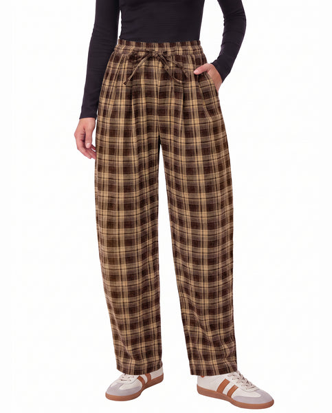 GRAPENT Barrel Pants Women Trendy Plaid High Waisted Pull On Ankle Trousers | Tapered Wide Leg Style, Elastic Waist with Adjustable Drawstring, Front Pockets, Work Office, Casual Fall Street Outfits