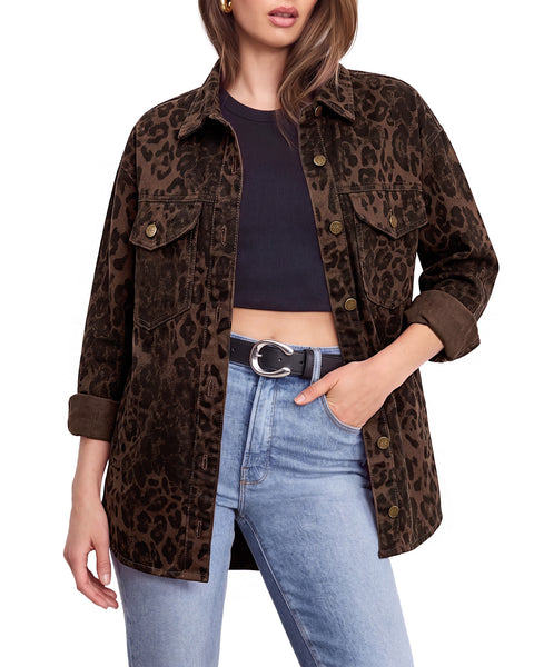 GRAPENT Women's Leopard Jean Jacket Oversized Cheetah Print Denim Shacket Non‑stretch, Leopard Print, Longline Silhouette, Button Down Denim Jackets, Flap Chest Pockets, Casual Outings, Fall Outfits