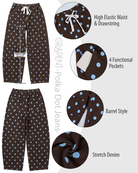 GRAPENT Barrel Womens Jeans High Rise Polka Dot Pull On Stretch Denim Pants | Cropped Jeans for Women, Elastic Waist with Drawstring, High Waisted, 27 Inch Inseam, Dressy Casual Outfit, Casual Daily Wear