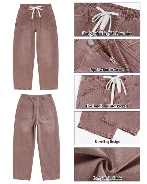 GRAPENT Barrel Jeans for Women High Waisted Elastic Waist Baggy Denim Pants | Barrel Leg, Ankle Length, Stretchy Drawstring Jeans, High Rise Fit, 27.5" Inseam, Front Patch Pockets, Dressy Casual Outfits
