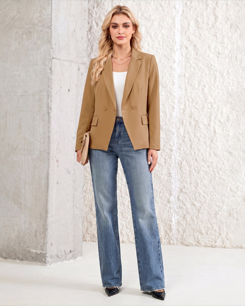 GRAPENT Blazers for Women Business Casual Double Breasted Suit Jackets Notch Collar, Long Sleeves with Button Cuffs, Flap Pockets, Shoulder Pads, Dressy Casual Fitted Outfits, Work Office Wear