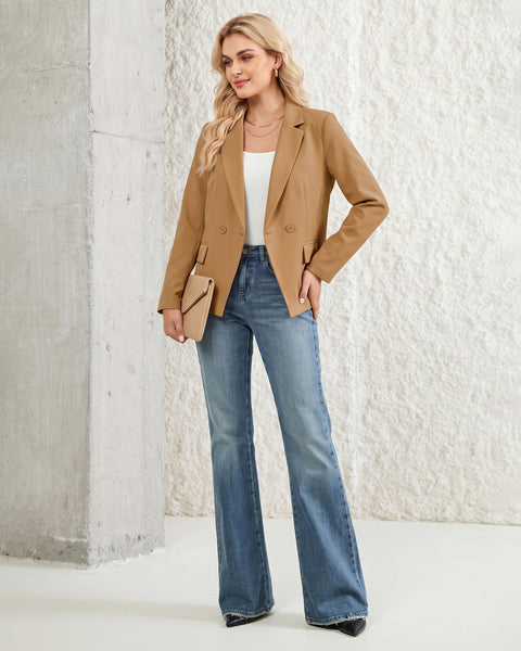 GRAPENT Blazers for Women Business Casual Double Breasted Suit Jackets Notch Collar, Long Sleeves with Button Cuffs, Flap Pockets, Shoulder Pads, Dressy Casual Fitted Outfits, Work Office Wear