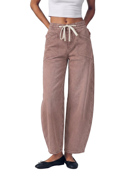 GRAPENT Barrel Jeans for Women High Waisted Elastic Waist Baggy Denim Pants | Barrel Leg, Ankle Length, Stretchy Drawstring Jeans, High Rise Fit, 27.5" Inseam, Front Patch Pockets, Dressy Casual Outfits