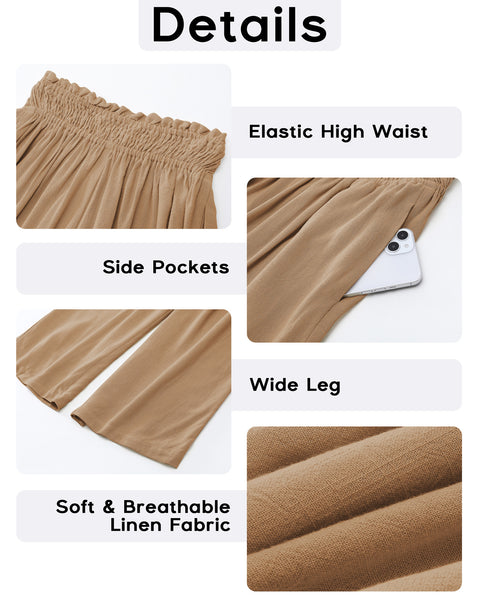GRAPENT Capri Pants for Women High Waisted Wide Leg Linen Palazzo Trousers Pull On Elastic Smock Waist Loose Flowy Pants