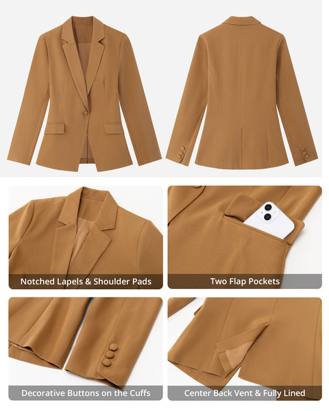 GRAPENT Womens Blazers Dressy Casual Long Sleeve Work Office Suit Jackets Notched Lapel, Shoulder Pads, Single Button, Two Pockets, Open Quarters, Back Slit, Casual Work Wear, Business Casual Outfits