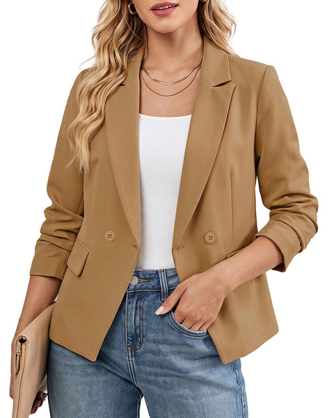 GRAPENT Blazers for Women Business Casual Double Breasted Suit Jackets Notch Collar, Long Sleeves with Button Cuffs, Flap Pockets, Shoulder Pads, Dressy Casual Fitted Outfits, Work Office Wear
