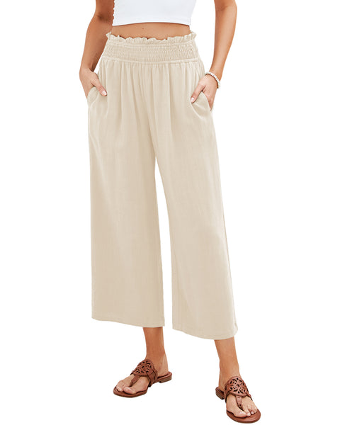 GRAPENT Capri Pants for Women High Waisted Wide Leg Linen Palazzo Trousers Pull On Elastic Smock Waist Loose Flowy Pants
