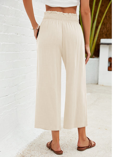 GRAPENT Capri Pants for Women High Waisted Wide Leg Linen Palazzo Trousers Pull On Elastic Smock Waist Loose Flowy Pants