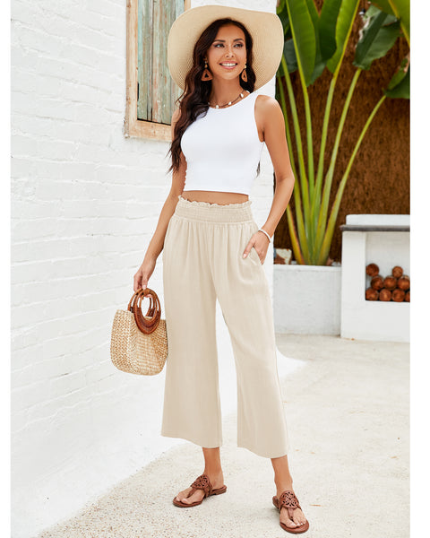 GRAPENT Capri Pants for Women High Waisted Wide Leg Linen Palazzo Trousers Pull On Elastic Smock Waist Loose Flowy Pants