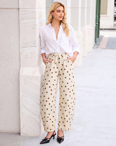 GRAPENT Barrel Womens Jeans High Rise Polka Dot Pull On Stretch Denim Pants | Cropped Jeans for Women, Elastic Waist with Drawstring, High Waisted, 27 Inch Inseam, Dressy Casual Outfit, Casual Daily Wear