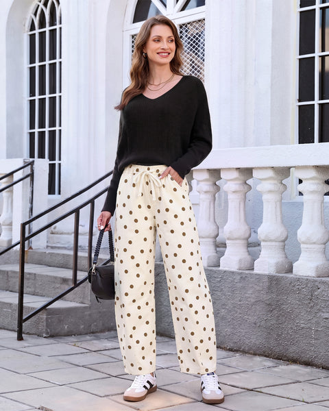 GRAPENT Barrel Womens Jeans High Rise Polka Dot Pull On Stretch Denim Pants | Cropped Jeans for Women, Elastic Waist with Drawstring, High Waisted, 27 Inch Inseam, Dressy Casual Outfit, Casual Daily Wear