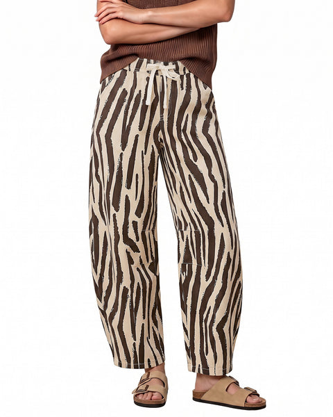 GRAPENT Barrel Jeans for Women High Waisted Pull On Baggy Zebra Print Pants | Curved Barrel-Leg Silhouette, Drawstring Elastic Waist, Stretchy Denim, 27'' Inseam, Cropped Jeans, Loose Fit, Weekend Casual