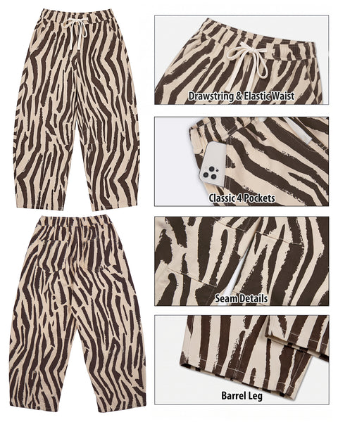 GRAPENT Barrel Jeans for Women High Waisted Pull On Baggy Zebra Print Pants | Curved Barrel-Leg Silhouette, Drawstring Elastic Waist, Stretchy Denim, 27'' Inseam, Cropped Jeans, Loose Fit, Weekend Casual