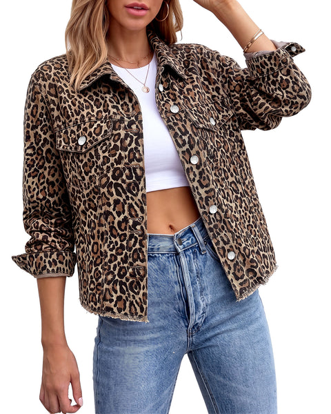 GRAPENT Leopard Jean Jacket Women Cheetah Print Stretchy Frayed Hem Jackets Long Sleeve, Turn-Down Collar, Button Up Denim Jackets, Animal Print, Raw Hem, Four Pockets, Casual Daily Wear, Fall Outfits