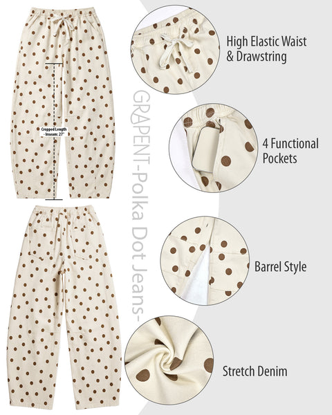 GRAPENT Barrel Womens Jeans High Rise Polka Dot Pull On Stretch Denim Pants | Cropped Jeans for Women, Elastic Waist with Drawstring, High Waisted, 27 Inch Inseam, Dressy Casual Outfit, Casual Daily Wear