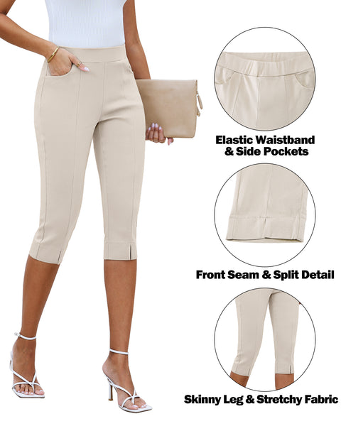 GRAPENT Capri Pants for Women High Waisted Pull On Elastic Waist Dressy Casual Stretchy Capris Trousers Pants Pockets
