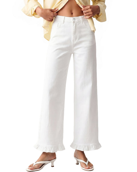GRAPENT Wide Leg Jeans for Women Ruffle Hem High Waisted Ankle Denim Pants | Trendy Baggy Jeans, Stretch Denim, High Rise Fit, Cropped Jean Pants, 27.5 Inch Inseam, Flattering Ruffle Hem, Weekend Casual