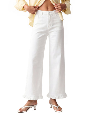GRAPENT Wide Leg Jeans for Women Ruffle Hem High Waisted Ankle Denim Pants | Trendy Baggy Jeans, Stretch Denim, High Rise Fit, Cropped Jean Pants, 27.5 Inch Inseam, Flattering Ruffle Hem, Weekend Casual