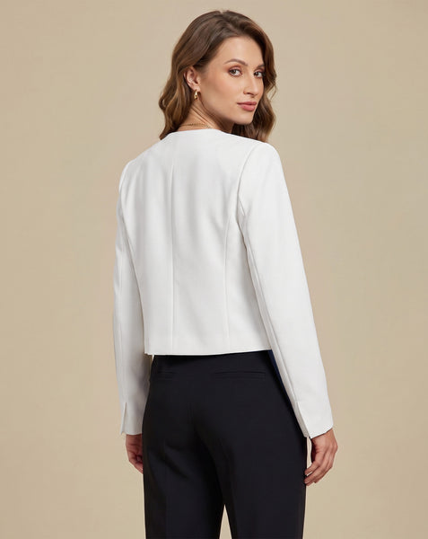 GRAPENT Cropped Blazers for Women Business Casual Collarless Blazer Jackets Collarless Round Neck, Long Sleeve, Crop Length, Shoulder Pads, Button-Front, Casual Suit Jacket, Dressy Casual, Work Office