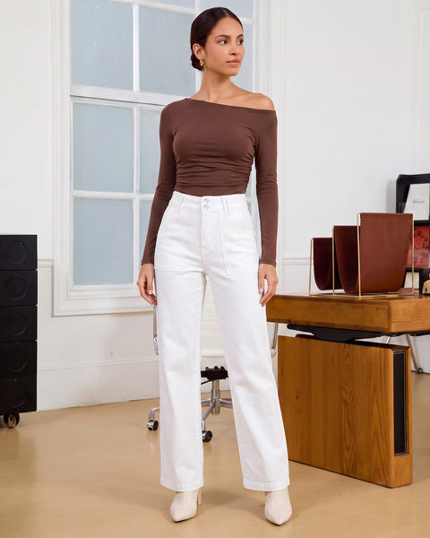 GRAPENT Straight Leg Jeans for Women High Waisted Dual Buttons Denim Pants Soft Stretchy Denim Jeans, Straight Wide Leg, High Rise Fit, Full Length, 29.5" Inseam, Big Pockets, Work Casual, Daily Wear