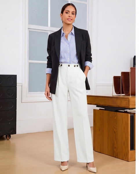 GRAPENT Business Casual Pants for Women Wide Leg Elastic Waist Work Trouser | Straight Wide Leg Dressy Casual Pants, High Waisted, Elastic Back Waist, Front Pleated, Cinched Waist, Work Office Outfits