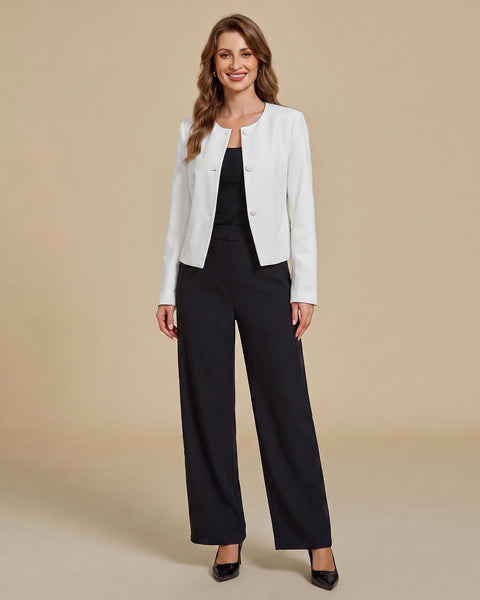 GRAPENT Cropped Blazers for Women Business Casual Collarless Blazer Jackets Collarless Round Neck, Long Sleeve, Crop Length, Shoulder Pads, Button-Front, Casual Suit Jacket, Dressy Casual, Work Office