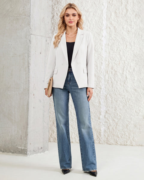 GRAPENT Blazers for Women Business Casual Double Breasted Suit Jackets Notch Collar, Long Sleeves with Button Cuffs, Flap Pockets, Shoulder Pads, Dressy Casual Fitted Outfits, Work Office Wear