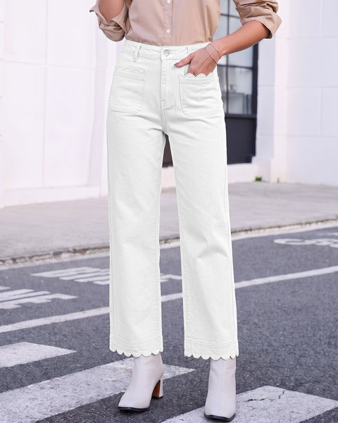 GRAPENT Jeans for Women Scalloped Straight Leg Ankle Stretchy Denim Pants | Straight Wide Leg Jeans, High Waisted, 27.5" Inseam, Patched Pockets, Cute Scalloped Design, Work Office, Dressy Casual Wear